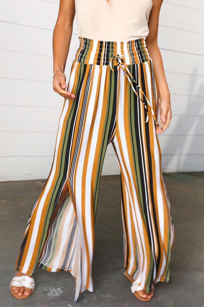 Tan & Green Vertical Stripe Smock Waist Side Slit Palazzo Pants-Evelyns Fashion