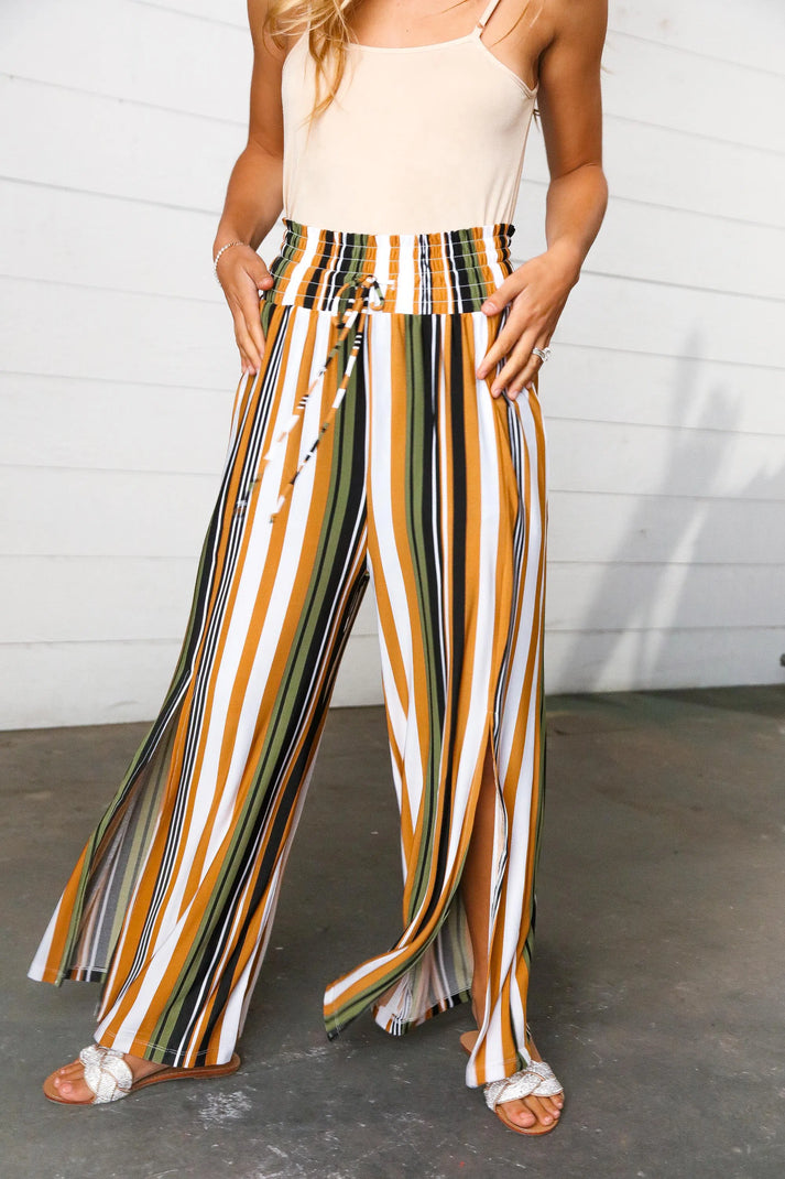 Tan & Green Vertical Stripe Smock Waist Side Slit Palazzo Pants-Evelyns Fashion