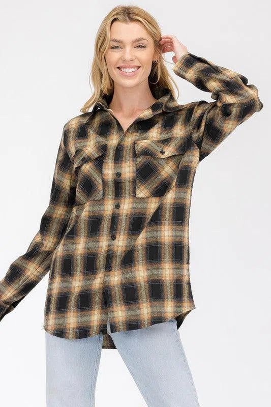 Timeless Comfort: Full Plaid Checkered Flannel Long Sleeve-Evelyns Fashion