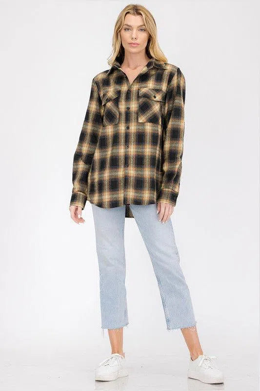 Timeless Comfort: Full Plaid Checkered Flannel Long Sleeve-Evelyns Fashion