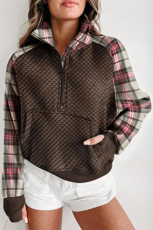 Timeless Comfort: Plaid Half Zip Long Sleeve Sweatshirt-Evelyns Fashion