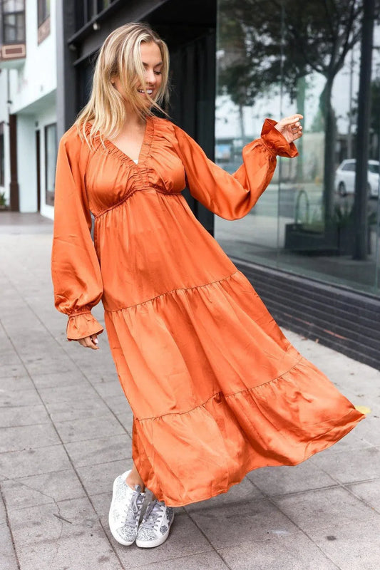 Timeless Elegance: Elastic V-Neck Maxi Dress in Rust-Evelyns Fashion