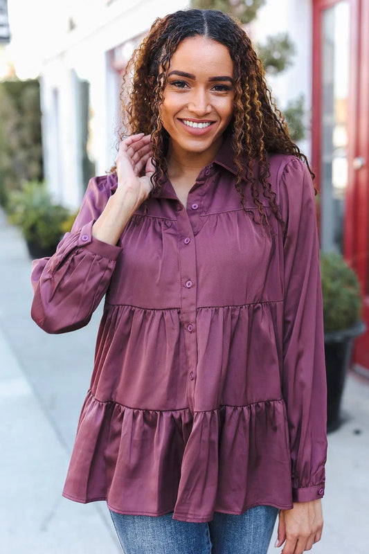 Timeless Elegance: Perfectly You Burgundy Babydoll Satin Top-Evelyns Fashion