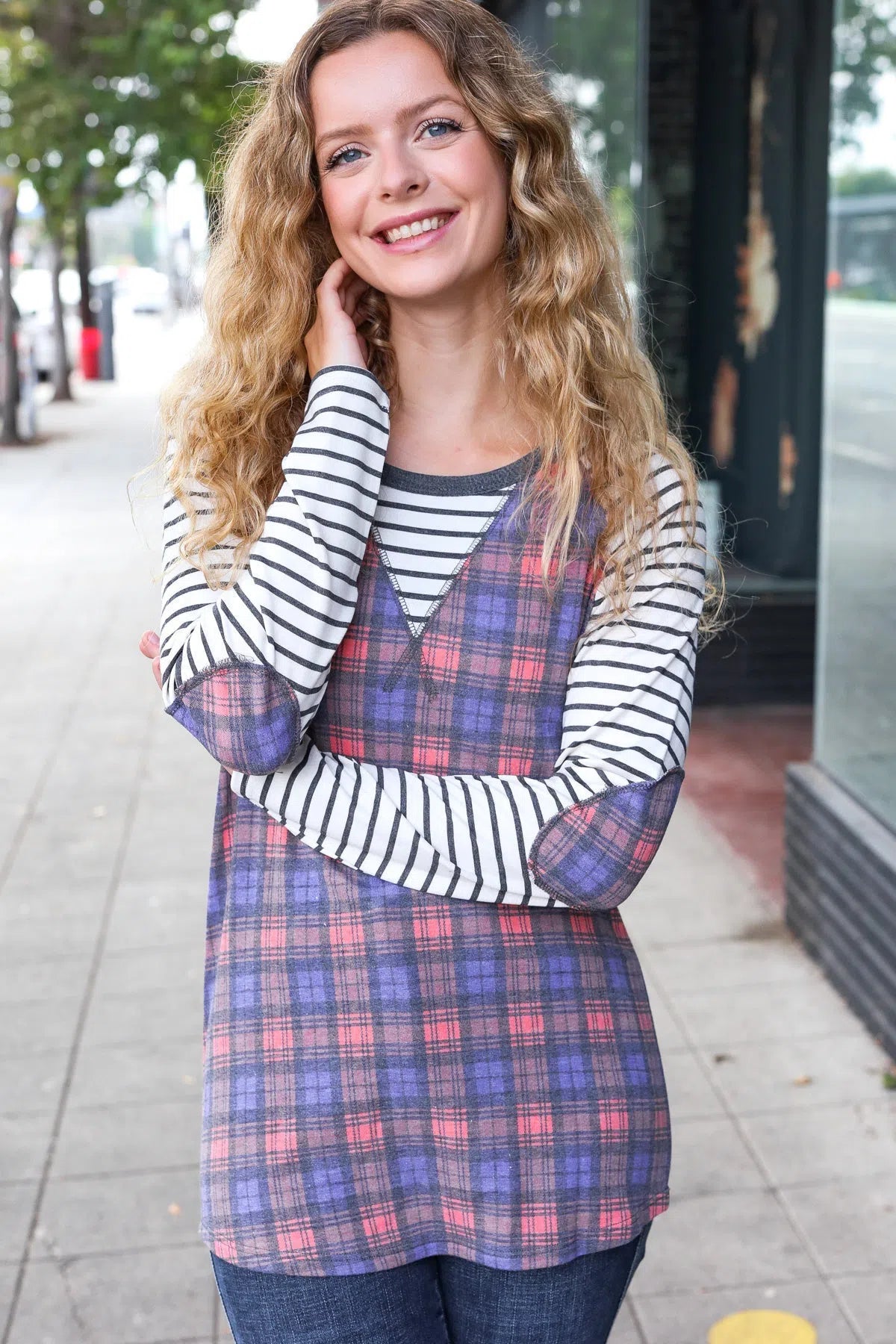 Timeless Style: Plaid Pullover with Elbow Patches-Evelyns Fashion