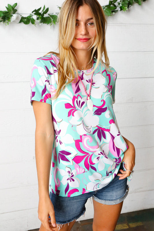 Turquoise & Purple Flat Floral Print Top