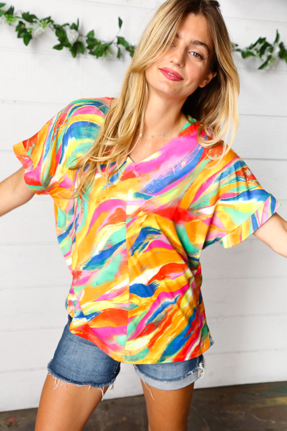 Watercolor Paint Strokes V Neck Top