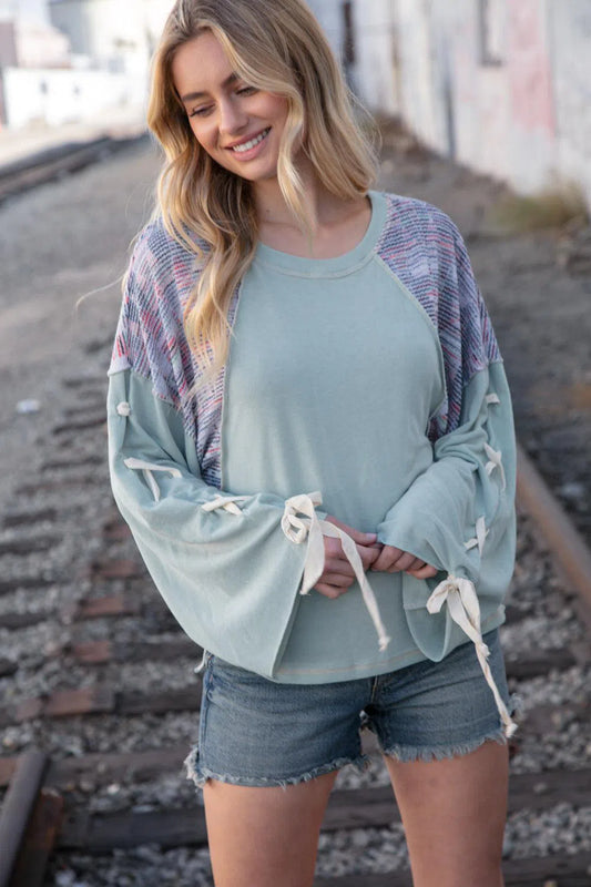 Trendy Comfort: Mint Lace Up Oversized French Terry Pullover-Evelyns Fashion