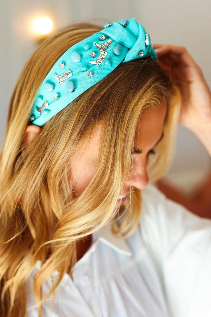 Turquoise Stone & Gem Cowboy Boot Embellished Top Knot Headband-Evelyns Fashion