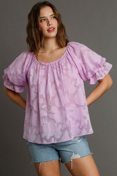 Umgee Plus Size Jacquard Blouse – Ruffled Puff Sleeves & Round Neck Elegance-Evelyns Fashion