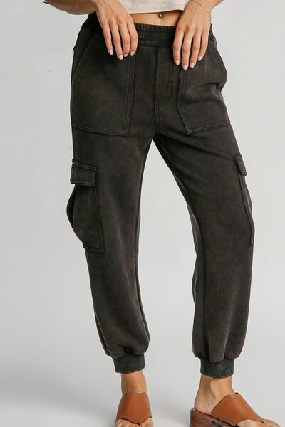 Umgee Plus Size Mineral Washed Cargo Pants-Evelyns Fashion