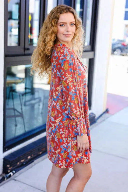 Under Your Spell Rust Floral Tie Front Elastic Bell Sleeve Dress-Evelyn's-Fashion