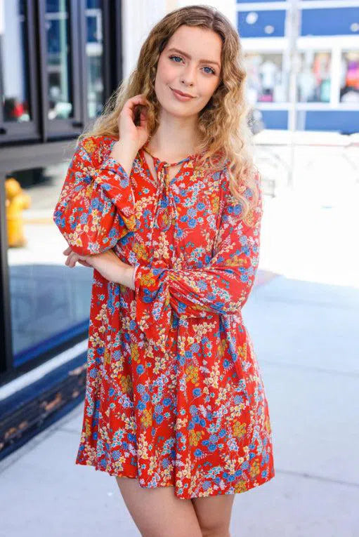 Under Your Spell Rust Floral Tie Front Elastic Bell Sleeve Dress-Evelyn's-Fashion