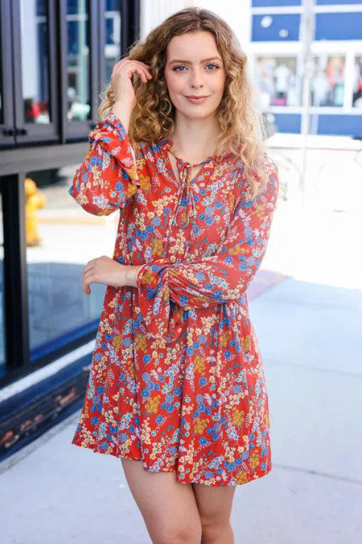 Under Your Spell Rust Floral Tie Front Elastic Bell Sleeve Dress-Evelyn's-Fashion