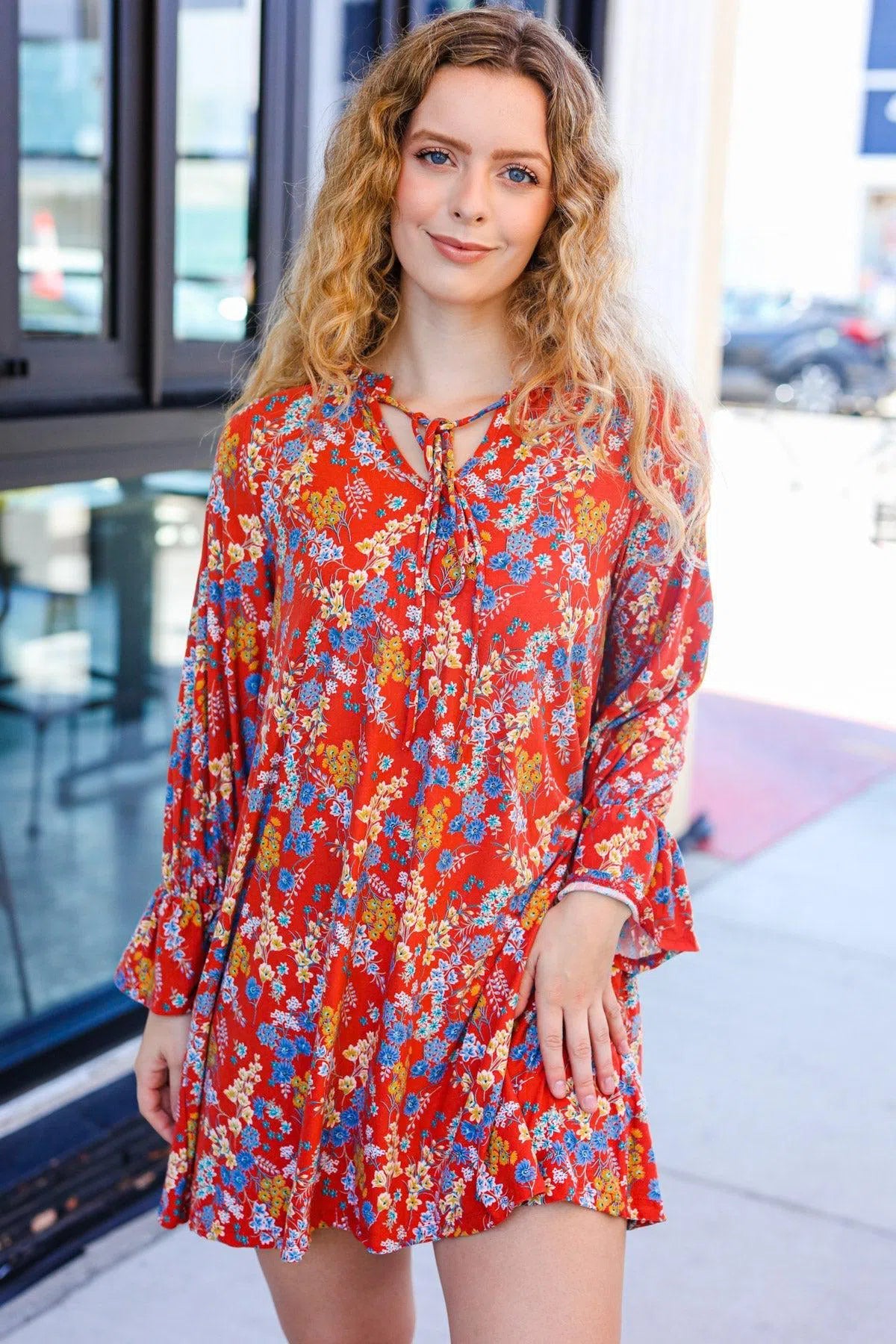 Under Your Spell Rust Floral Tie Front Elastic Bell Sleeve Dress-Evelyn's-Fashion