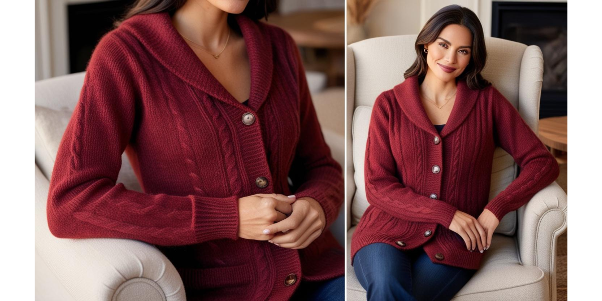 Women siting in a chair wearing a red cardigan