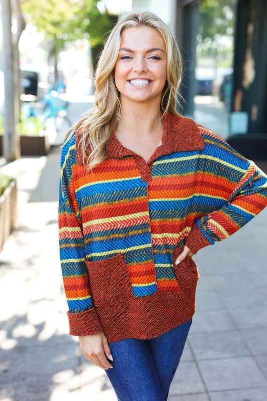 Vibrant Comfort: Casual Living Rust & Teal Striped Knit Top-Evelyns Fashion