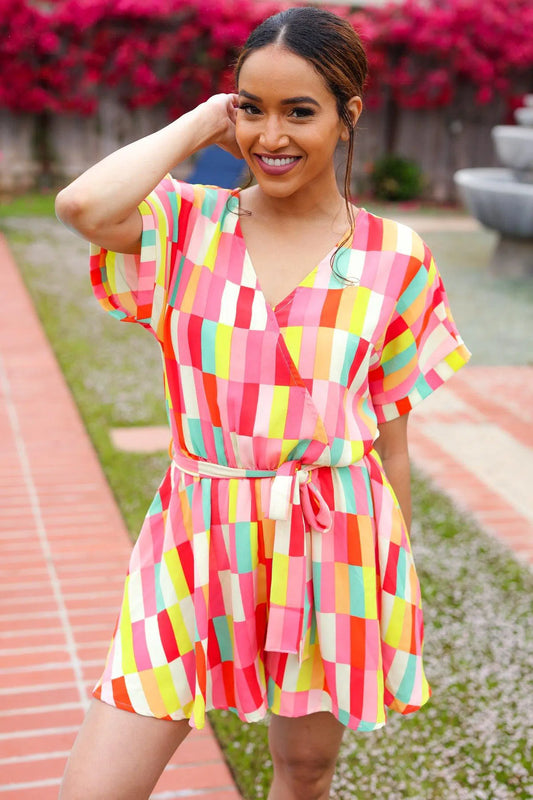 Vibrant Style: Coral & Yellow Geo Surplice Woven Romper-Evelyns Fashion