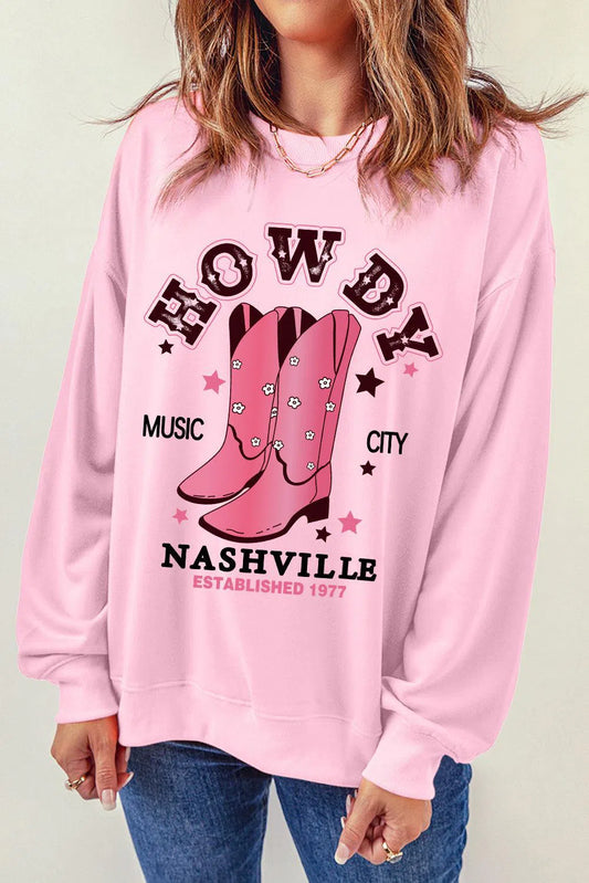 Western Comfort: Cowboy Boots Graphic Dropped Shoulder Sweatshirt-Evelyns Fashion