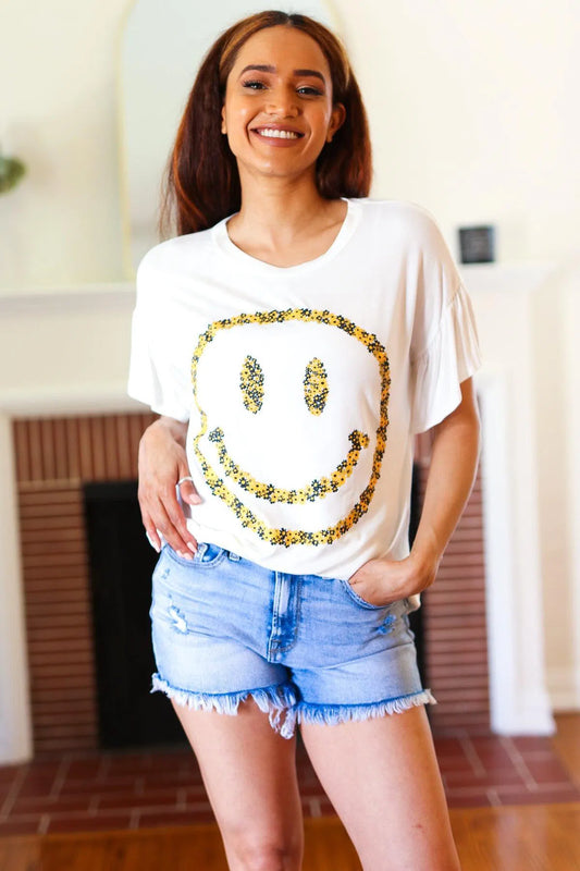 White Floral Smiley Face Tee-Evelyns Fashion