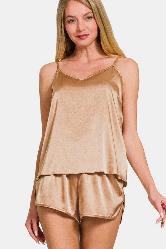 Zenana V-Neck Satin Cami & Lounge Shorts Set-Evelyns Fashion