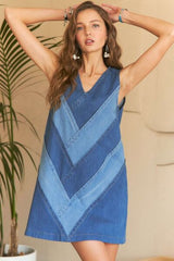 ADORA Chevron Color Block V-Neck Denim Dress – Trendy Jean Dress, [Evelyns Fashion]