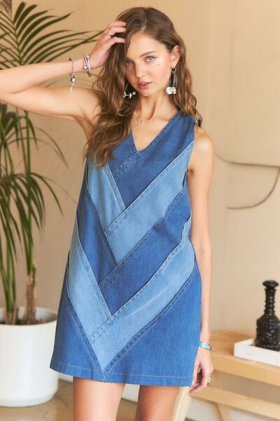 ADORA Chevron Color Block V-Neck Denim Dress – Trendy Jean Dress, [Evelyns Fashion]