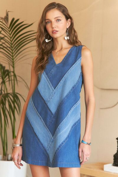 ADORA Chevron Color Block V-Neck Denim Dress – Trendy Jean Dress, [Evelyns Fashion]