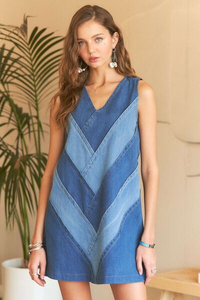 ADORA Chevron Color Block V-Neck Denim Dress – Trendy Jean Dress, [Evelyns Fashion]