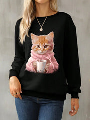 Cat Round Neck Sweatshirt – Cozy & Adorable for Cat Lovers, [Evelyns Fashion]