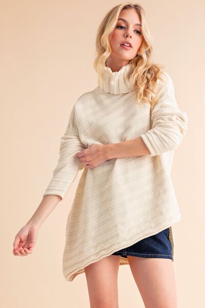 Aemi + Co Asymmetrical Side Slit Turtleneck Sweater – Cozy Knitwear, [Evelyns Fashion]