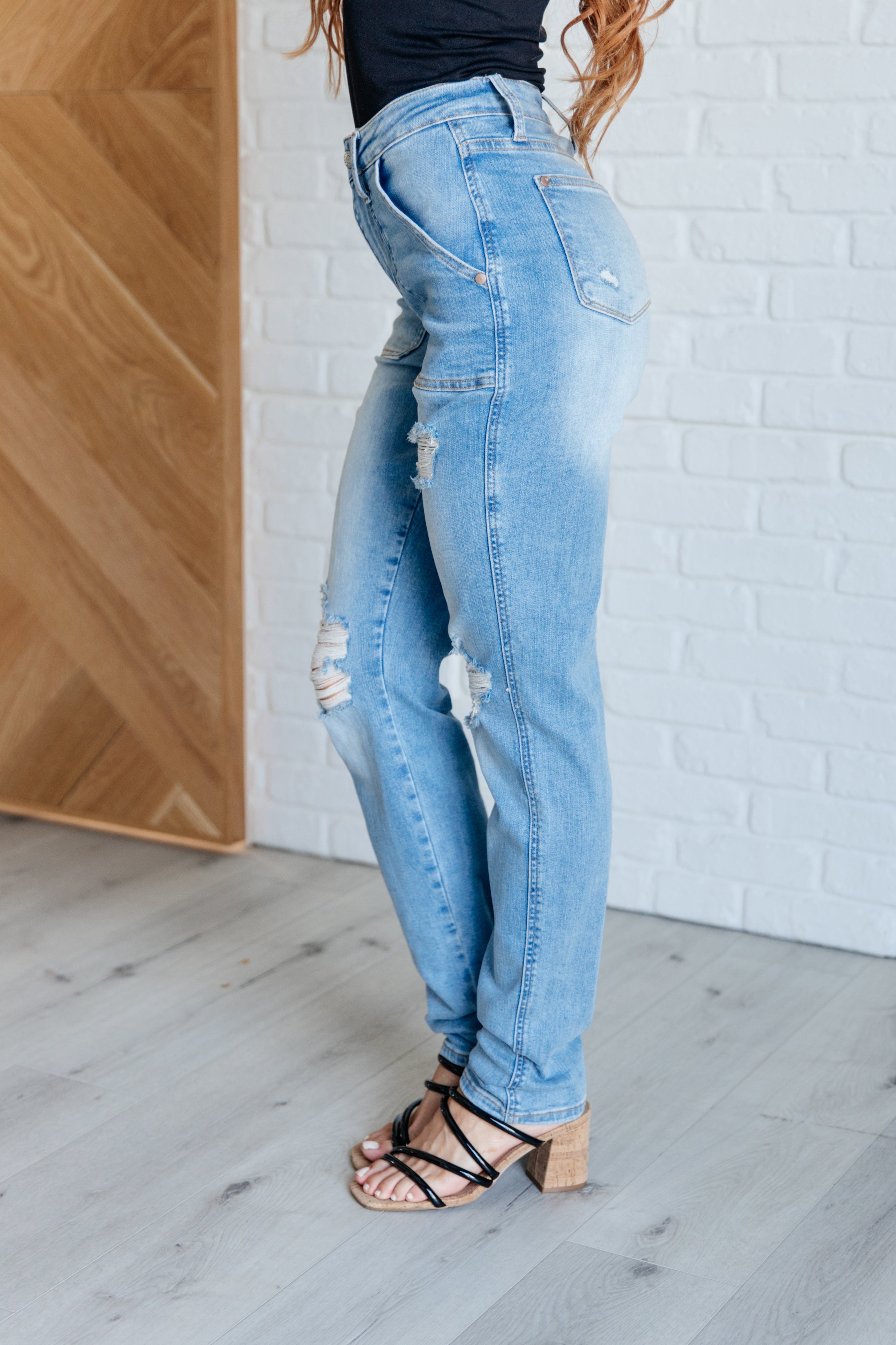 Aiden High-Rise Patch Pocket Distressed Boyfriend Jeans – Relaxed Fit, [Evelyns Fashion]