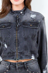 American Bazi Plus Size Distressed Denim Rider Jacket – Star Stud Trim, [Evelyns Fashion]