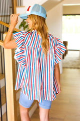 American Red, White & Blue Stripe Shirred Yoke Neck Top, [Evelyns Fashion]