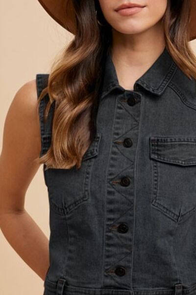 Annie Wear Collared Neck Button Down Denim Vest – Classic & Stylish Layering Piece, [Evelyns Fashion]