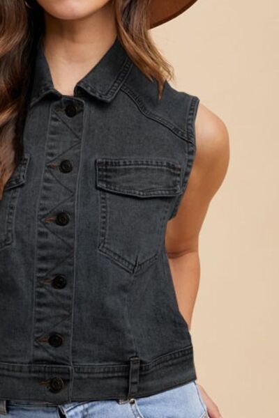 Annie Wear Collared Neck Button Down Denim Vest – Classic & Stylish Layering Piece, [Evelyns Fashion]