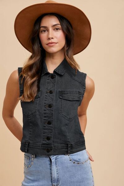 Annie Wear Collared Neck Button Down Denim Vest – Classic & Stylish Layering Piece, [Evelyns Fashion]