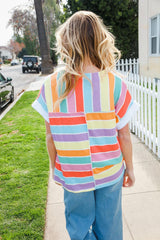 Bedazzled Rainbow Striped V-Neck Thermal Top | Trendy & Cozy, [Evelyns Fashion]