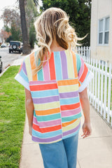 Bedazzled Rainbow Striped V-Neck Thermal Top | Trendy & Cozy, [Evelyns Fashion]