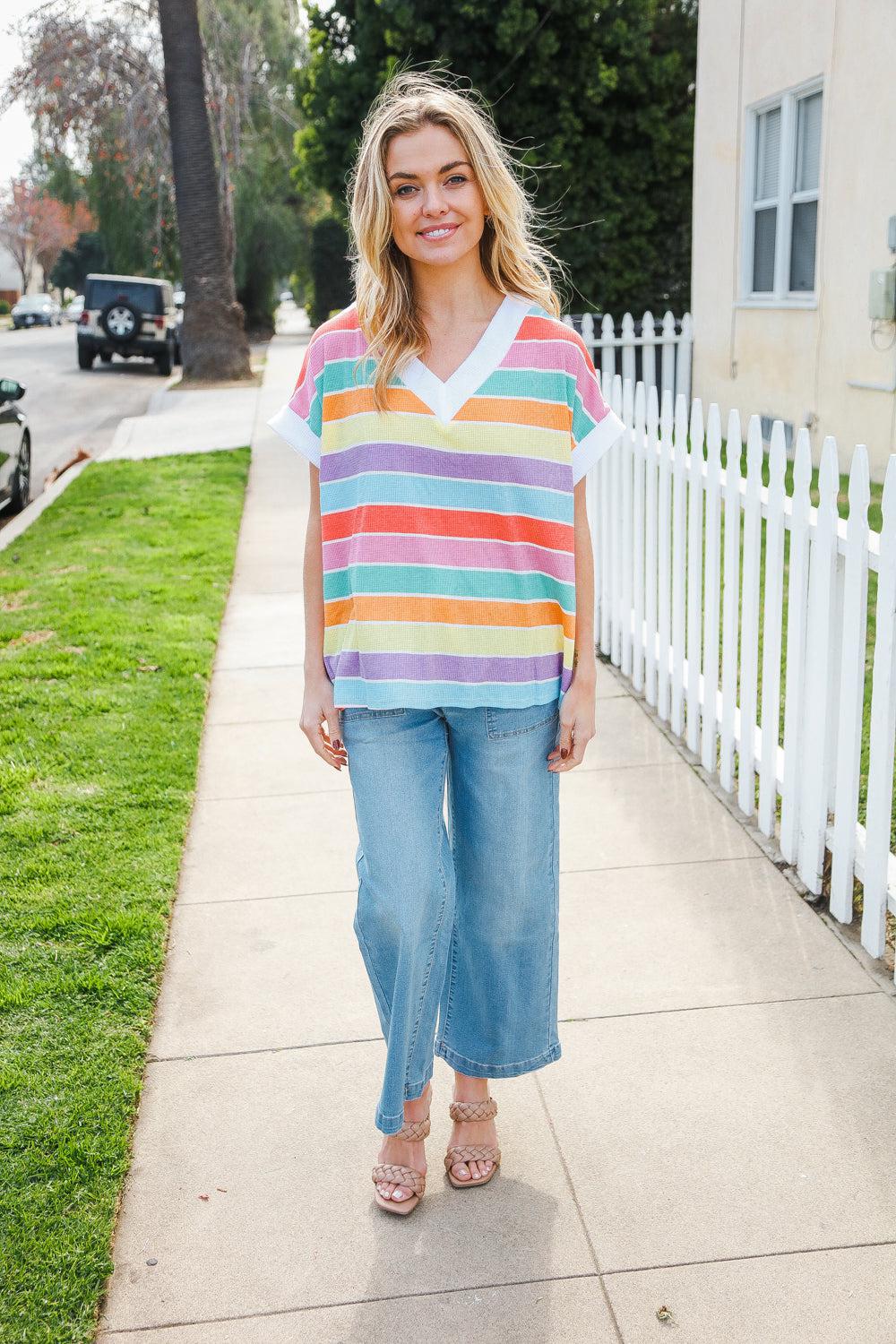 Bedazzled Rainbow Striped V-Neck Thermal Top | Trendy & Cozy, [Evelyns Fashion]