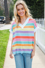 Bedazzled Rainbow Striped V-Neck Thermal Top | Trendy & Cozy, [Evelyns Fashion]