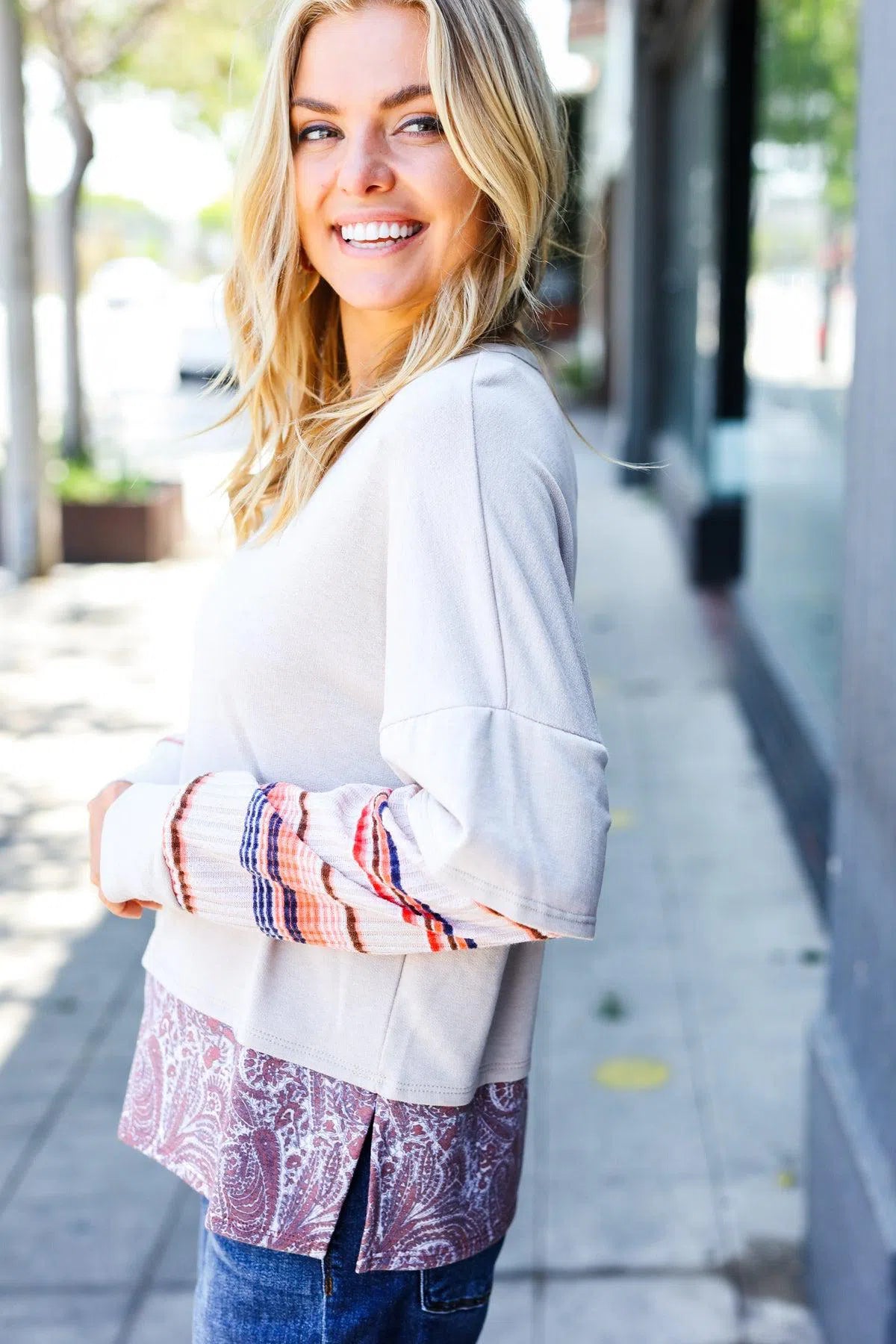 Boho Energy Stripe & Paisley Twofer Terry Top – Cozy & Stylish, [Evelyns Fashion]