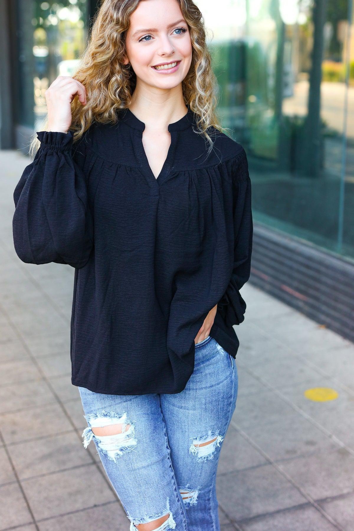 Boho Vibes Black Smocked Bubble Sleeve Top – Chic & Versatile, [Evelyns Fashion]