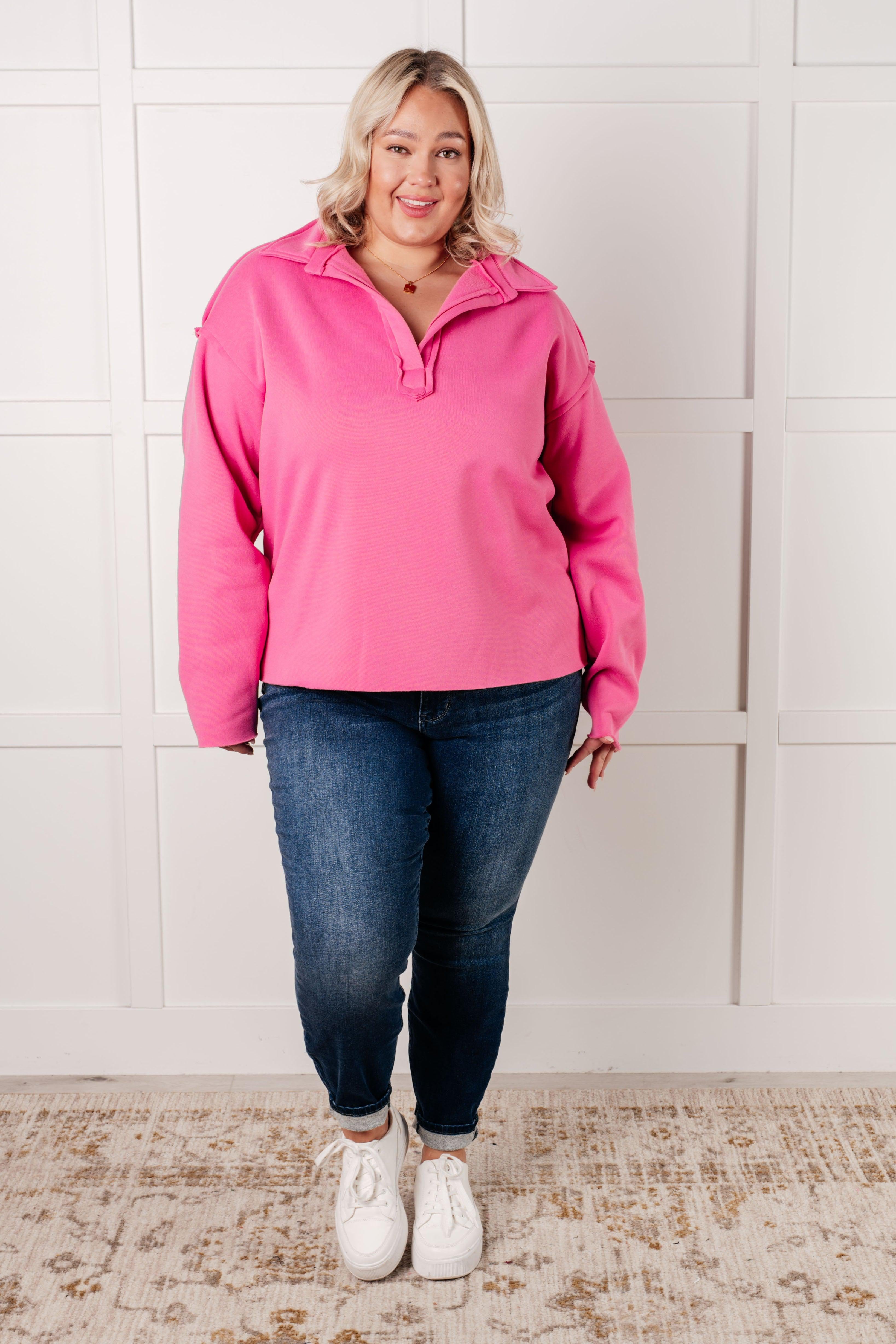 Same Ol' Situation Collared Pullover – Bold & Stylish in Hot Pink, [Evelyns Fashion]