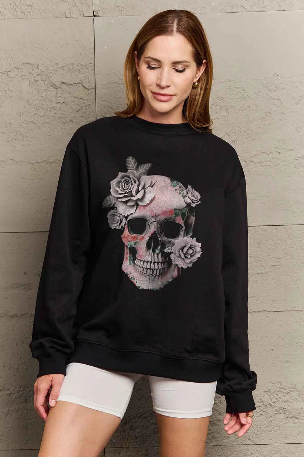 Simply Love Full Size SKULL Graphic Sweatshirt – Edgy & Stylish, [Evelyns Fashion]