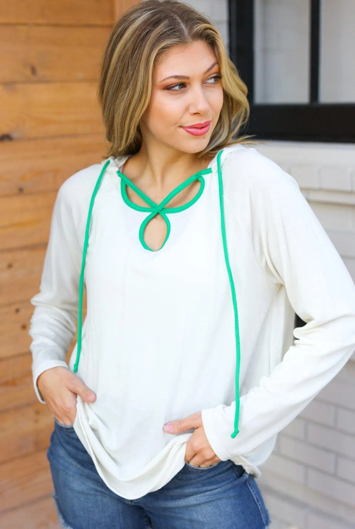 Kelly Green Clover Cut Out Hoodie – Stylish & Playful Design, [Evelyns Fashion]