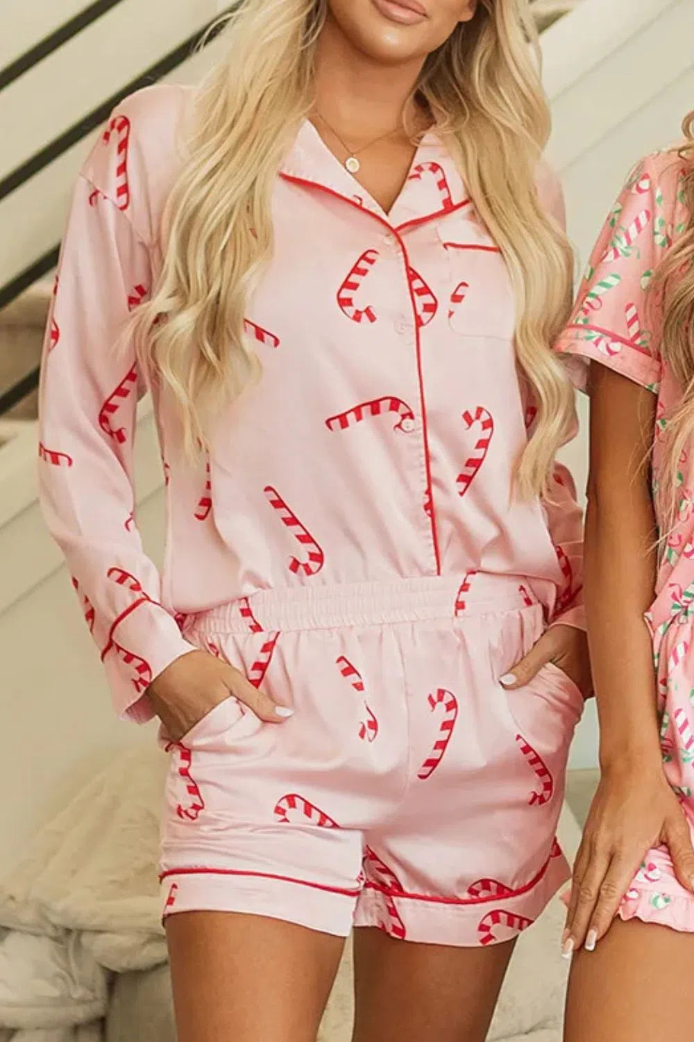 Printed Collared Neck Long Sleeve Lounge Set – Cozy & Chic Loungewear, [Evelyns Fashion]