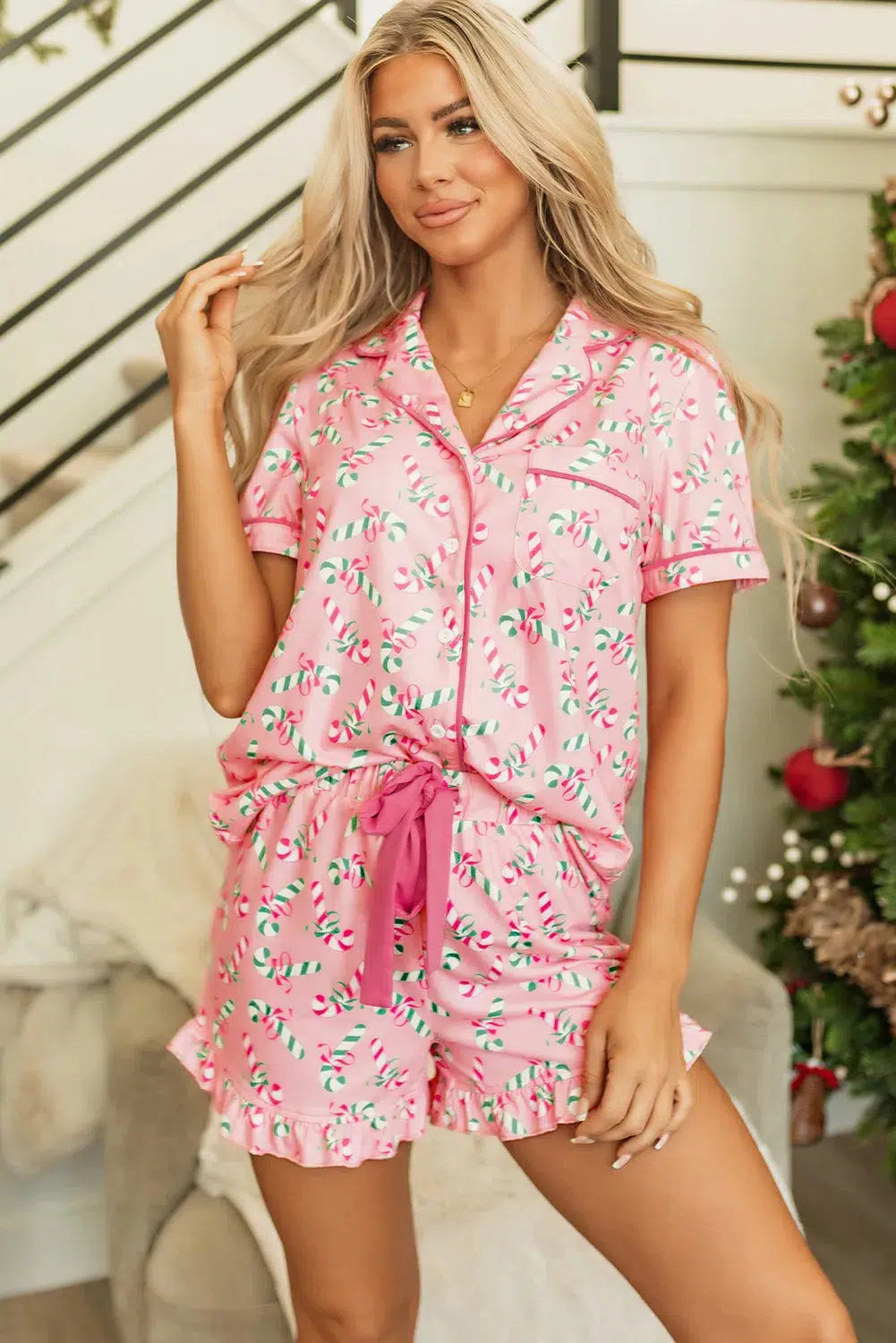 Candy Cane Collared Neck Lounge Set – Cozy & Festive Holiday Style, [Evelyns Fashion]