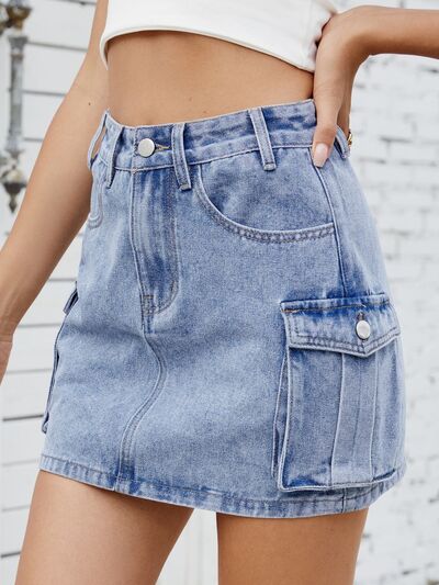 Cargo Denim Skirt – High-Waisted Jean Skirt with Utility Pockets, [Evelyns Fashion]