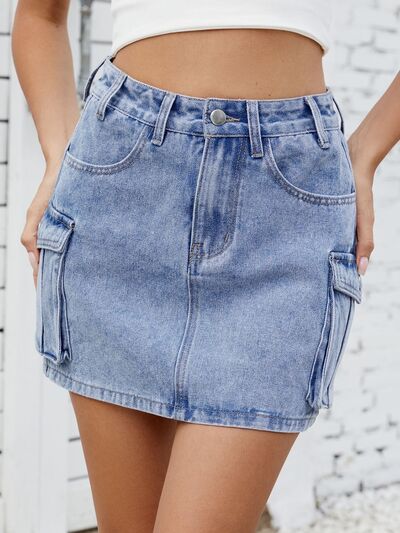 Cargo Denim Skirt – High-Waisted Jean Skirt with Utility Pockets, [Evelyns Fashion]