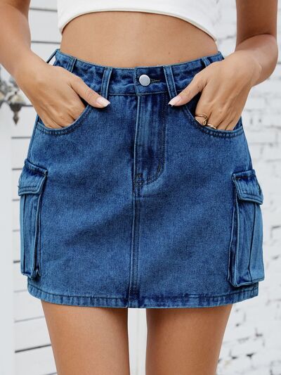 Cargo Denim Skirt – High-Waisted Jean Skirt with Utility Pockets, [Evelyns Fashion]